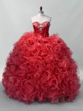 Red Ball Gowns Sweetheart Sleeveless Organza Floor Length Lace Up Sequins Sweet 16 Dresses