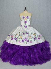 Graceful White And Purple Lace Up Sweetheart Embroidery and Ruffles Sweet 16 Quinceanera Dress Organza Sleeveless