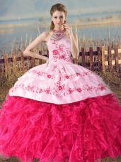 On Sale Sleeveless Organza Court Train Lace Up Sweet 16 Dress in Hot Pink with Embroidery and Ruffles
