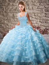 Blue Quince Ball Gowns Organza Court Train Sleeveless Beading and Ruffled Layers
