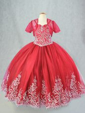 Exquisite Red Lace Up Kids Pageant Dress Beading and Embroidery Sleeveless Floor Length