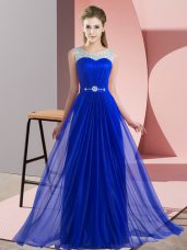 Scoop Sleeveless Wedding Party Dress Floor Length Beading Royal Blue Chiffon
