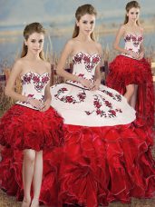 Fantastic White And Red Quinceanera Gowns Military Ball and Sweet 16 and Quinceanera with Embroidery and Ruffles and Bowknot Sweetheart Sleeveless Lace Up