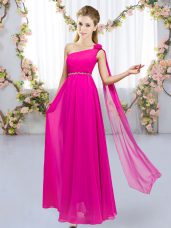 Hot Pink Empire Beading and Hand Made Flower Bridesmaid Dress Lace Up Chiffon Sleeveless Floor Length