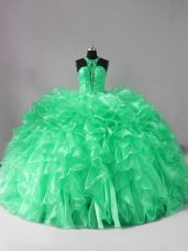 Elegant Sleeveless Organza Brush Train Lace Up Quince Ball Gowns in Green with Beading and Ruffles