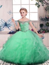 Apple Green Tulle Lace Up Little Girl Pageant Gowns Sleeveless Floor Length Beading and Ruffles