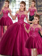 Lace Up Sweet 16 Dress Fuchsia for Military Ball and Sweet 16 and Quinceanera with Beading Brush Train