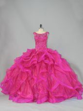 Hot Pink Quinceanera Gown Organza Brush Train Sleeveless Beading and Ruffles