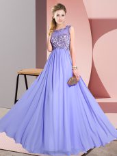 Deluxe Sleeveless Floor Length Beading and Appliques Backless Wedding Guest Dresses with Lavender