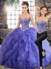 Lavender Two Pieces Beading and Ruffles Sweet 16 Dresses Lace Up Tulle Sleeveless Floor Length