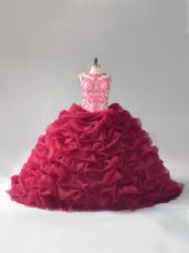 Colorful Burgundy Ball Gowns Beading and Pick Ups Vestidos de Quinceanera Lace Up Organza Sleeveless