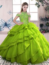 Flirting Olive Green Lace Up Vestidos de Quinceanera Beading and Ruffled Layers Sleeveless Floor Length