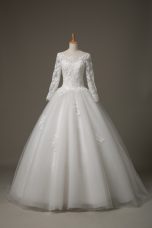 Tulle 3 4 Length Sleeve Wedding Gown Brush Train and Beading and Lace