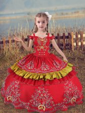 Superior Floor Length Red Child Pageant Dress Off The Shoulder Sleeveless Lace Up