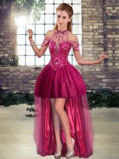 Fuchsia A-line Halter Top Sleeveless Tulle High Low Lace Up Beading Custom Made Pageant Dress