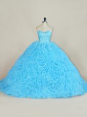Baby Blue Lace Up Sweetheart Beading and Ruffles Quinceanera Gowns Organza Sleeveless Court Train