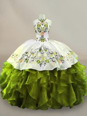 Customized Olive Green Organza Side Zipper Halter Top Sleeveless Floor Length 15 Quinceanera Dress Embroidery and Ruffles