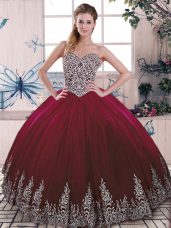 Exceptional Sleeveless Tulle Floor Length Side Zipper Sweet 16 Dress in Burgundy with Beading and Embroidery