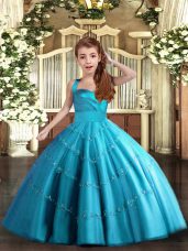 Fashion Baby Blue Tulle Lace Up Straps Sleeveless Floor Length Little Girl Pageant Dress Beading