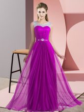 Sleeveless Floor Length Beading Lace Up Bridesmaid Dress with Purple
