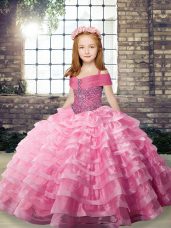 Cheap Straps Sleeveless Little Girls Pageant Dress Brush Train Beading and Ruffled Layers Rose Pink Organza
