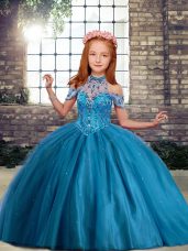 Blue Lace Up High-neck Beading Girls Pageant Dresses Tulle Sleeveless