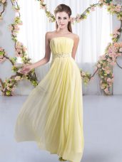 Graceful Sleeveless Chiffon Sweep Train Lace Up Wedding Guest Dresses in Yellow with Beading