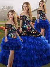 Noble Blue And Black Sleeveless Organza Lace Up Quinceanera Gown for Military Ball and Sweet 16 and Quinceanera