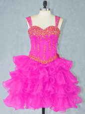 Deluxe Fuchsia Ball Gowns Beading and Ruffled Layers Evening Dress Lace Up Organza Sleeveless Mini Length