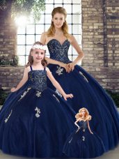 Navy Blue Sweetheart Lace Up Beading and Appliques Quinceanera Gowns Sleeveless