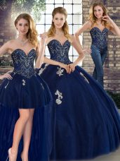 Navy Blue Three Pieces Sweetheart Sleeveless Tulle Floor Length Lace Up Beading and Appliques Sweet 16 Dresses