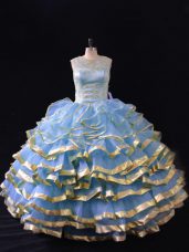 Blue Organza Lace Up Scoop Sleeveless Floor Length 15 Quinceanera Dress Ruffled Layers