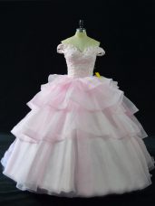 Top Selling Pink Off The Shoulder Neckline Beading and Ruffled Layers Sweet 16 Dress Sleeveless Lace Up