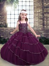 Adorable Purple Ball Gowns Straps Sleeveless Beading and Ruffled Layers Floor Length Lace Up Pageant Dress for Womens