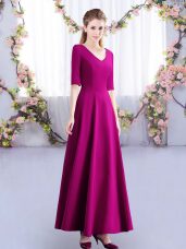 Vintage Fuchsia Dama Dress for Quinceanera Wedding Party with Ruching V-neck Half Sleeves Zipper
