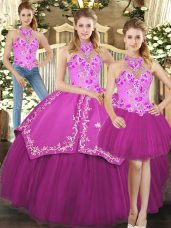 Sleeveless Floor Length Embroidery Lace Up Quinceanera Gowns with Fuchsia