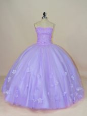 High Quality Lavender Ball Gowns Tulle Sweetheart Sleeveless Beading and Hand Made Flower Floor Length Backless Sweet 16 Dresses