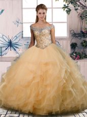 Gold Ball Gowns Tulle Off The Shoulder Sleeveless Beading and Ruffles Floor Length Lace Up 15th Birthday Dress