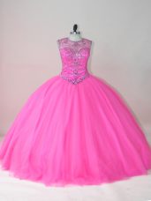 Exquisite Scoop Sleeveless Quinceanera Dress Floor Length Beading Rose Pink Tulle