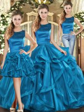 New Style Three Pieces Quinceanera Dress Teal Scoop Organza Sleeveless Floor Length Lace Up