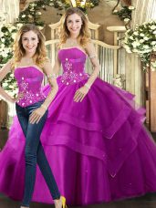 Floor Length Ball Gowns Sleeveless Fuchsia Ball Gown Prom Dress Lace Up