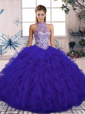 Sweet Tulle Halter Top Sleeveless Lace Up Beading and Ruffles 15th Birthday Dress in Purple