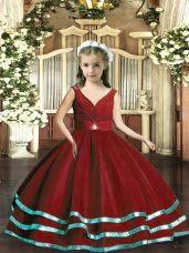 Wine Red Party Dress for Toddlers Party and Wedding Party with Beading and Ruching V-neck Sleeveless Backless