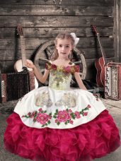 Enchanting Coral Red Ball Gowns Organza Off The Shoulder Sleeveless Beading and Embroidery and Ruffles Floor Length Lace Up Little Girl Pageant Dress