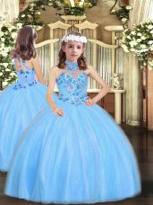 Baby Blue Lace Up Halter Top Appliques Girls Pageant Dresses Tulle Sleeveless