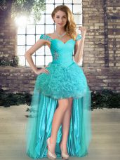 Aqua Blue Fabric With Rolling Flowers Lace Up Party Dress Wholesale Sleeveless High Low Beading