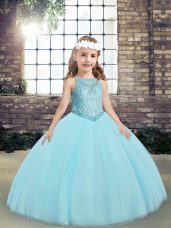 Beading and Appliques Kids Pageant Dress Aqua Blue Lace Up Sleeveless Floor Length
