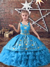 Baby Blue Ball Gowns Embroidery and Ruffled Layers Child Pageant Dress Lace Up Satin and Organza Sleeveless Floor Length