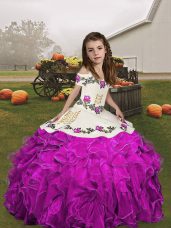 Top Selling Organza V-neck Sleeveless Lace Up Embroidery and Ruffles Party Dresses in Fuchsia