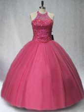 Floor Length Red Quinceanera Dress Halter Top Sleeveless Lace Up